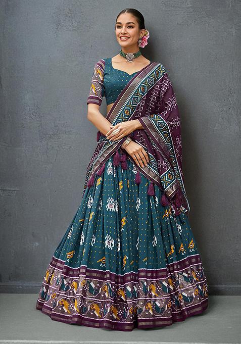 Teal Foil Print Tussar Silk Lehenga Choli Set