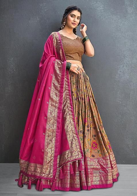 Mustard Tussar Silk Printed Lehenga Choli Set