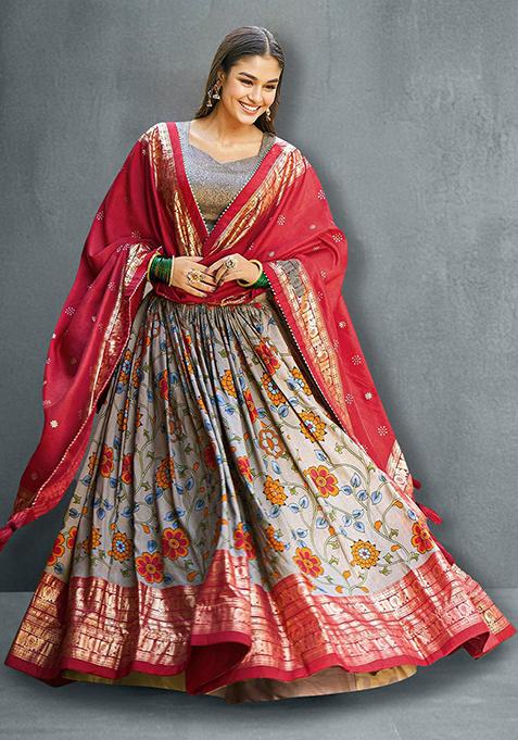 Grey Tussar Silk Printed Lehenga Choli Set