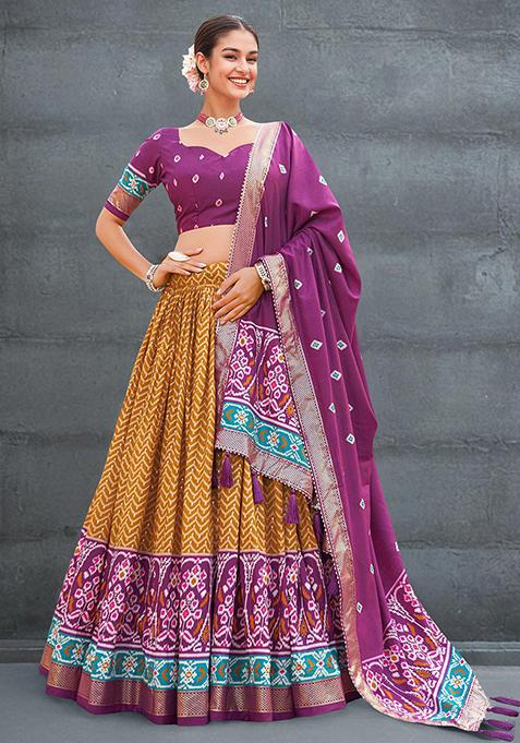 Mustard Patola Printed Tussar Silk Lehenga choli