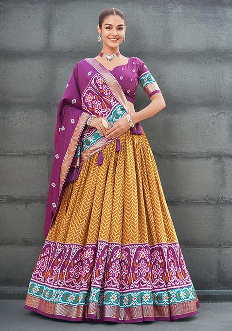 Mustard Rayon With Patola Print Silk Designer Gamthi Work Classic Lehenga Choli