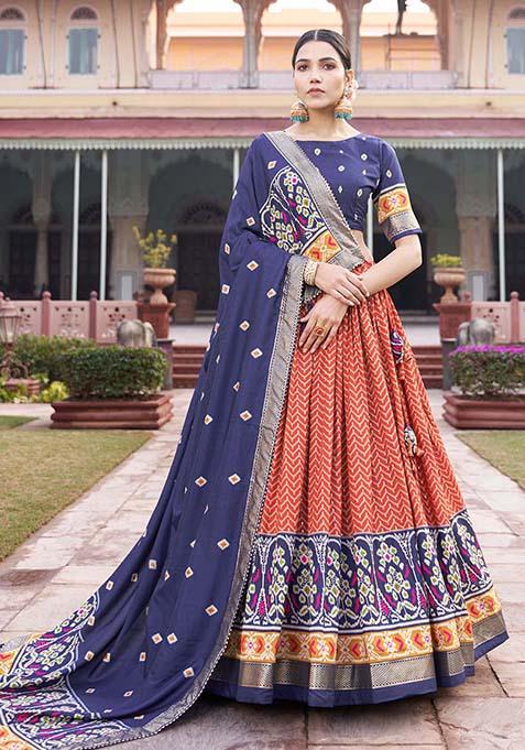 Orange Patola Print Tussar Silk Lehenga choli