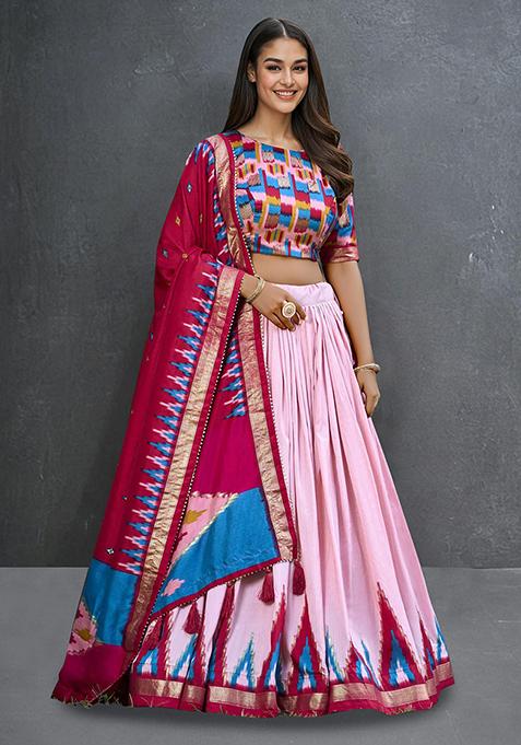 Peach Foil Print Tussar Silk Lehenga Choli Set