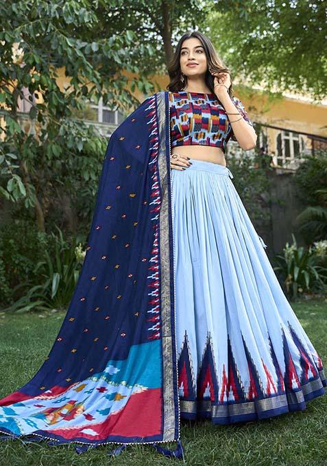 Sky Blue Foil Print Tussar Silk Lehenga Choli Set