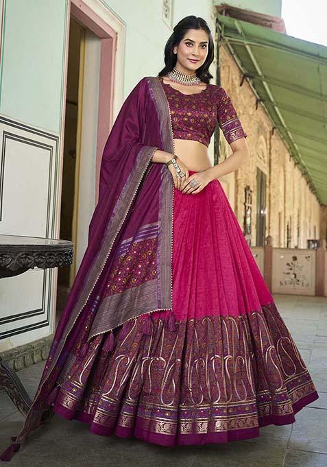 Pink Kashmiri Print Tussar Silk Lehenga Choli Set