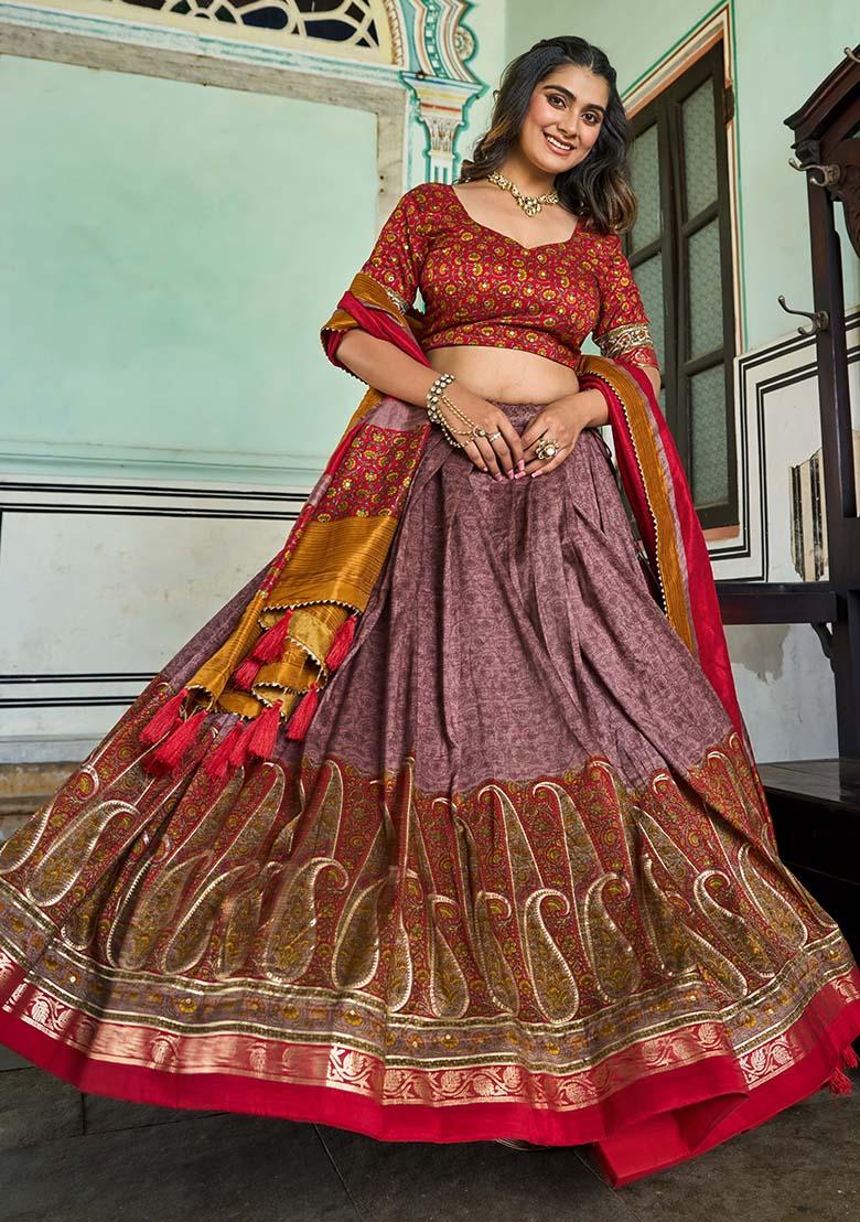 Onion Kashmiri Print Tussar Silk Lehenga Choli Set