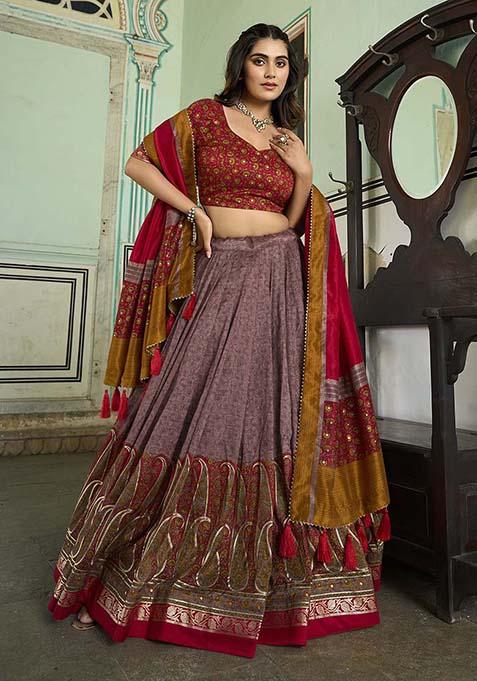 Onion Kashmiri Print Tussar Silk Lehenga Choli Set