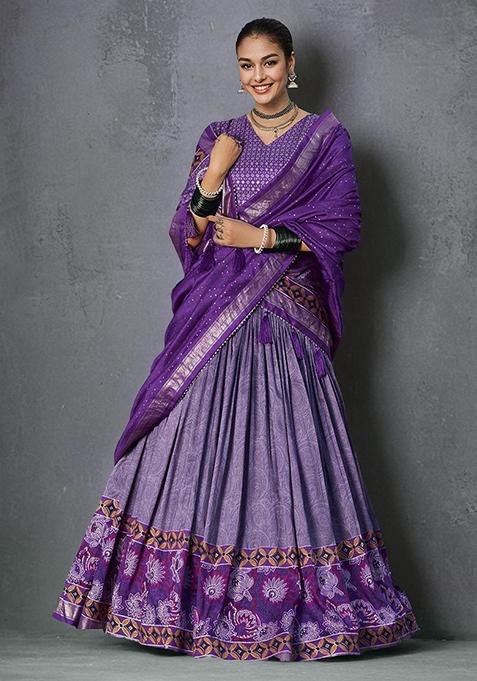 Purple Tussar Silk Floral Print Lehenga Choli Set