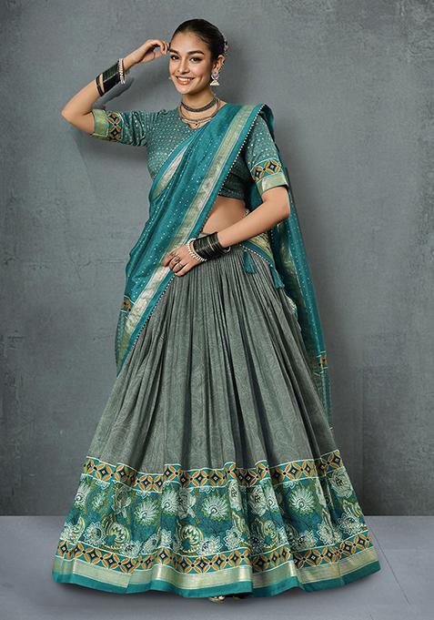 Sea Green Tussar Silk Floral Print Lehenga Choli Set