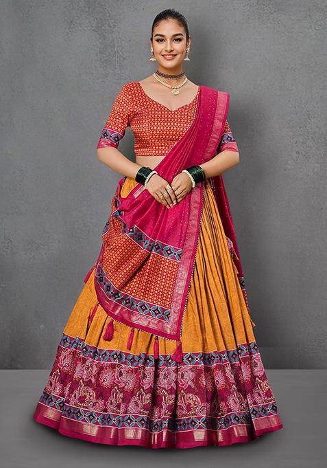 Mustard Tussar Silk Floral Print Lehenga Choli Set