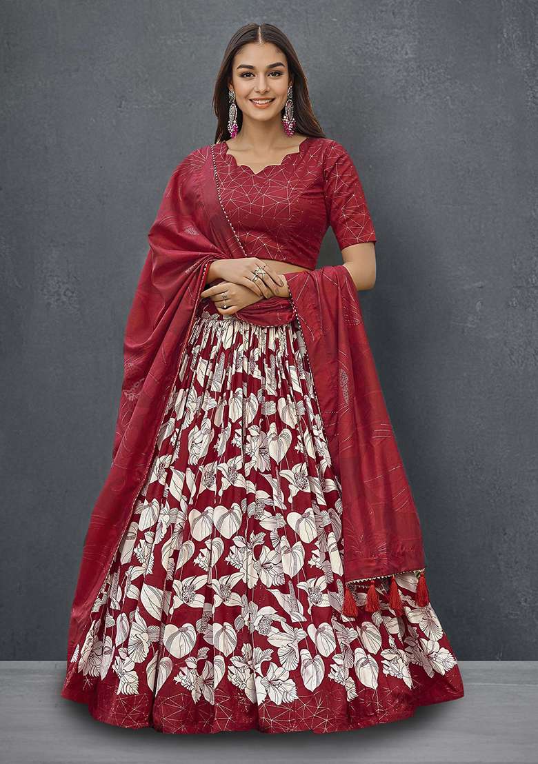 Red Floral Foil Print Tussar Silk Blend Lehenga Choli Set - Indya