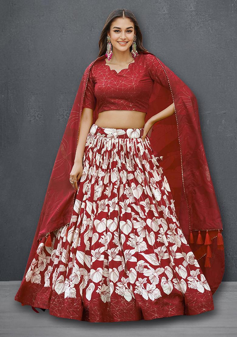 Red Floral Foil Print Tussar Silk Lehenga Choli Set