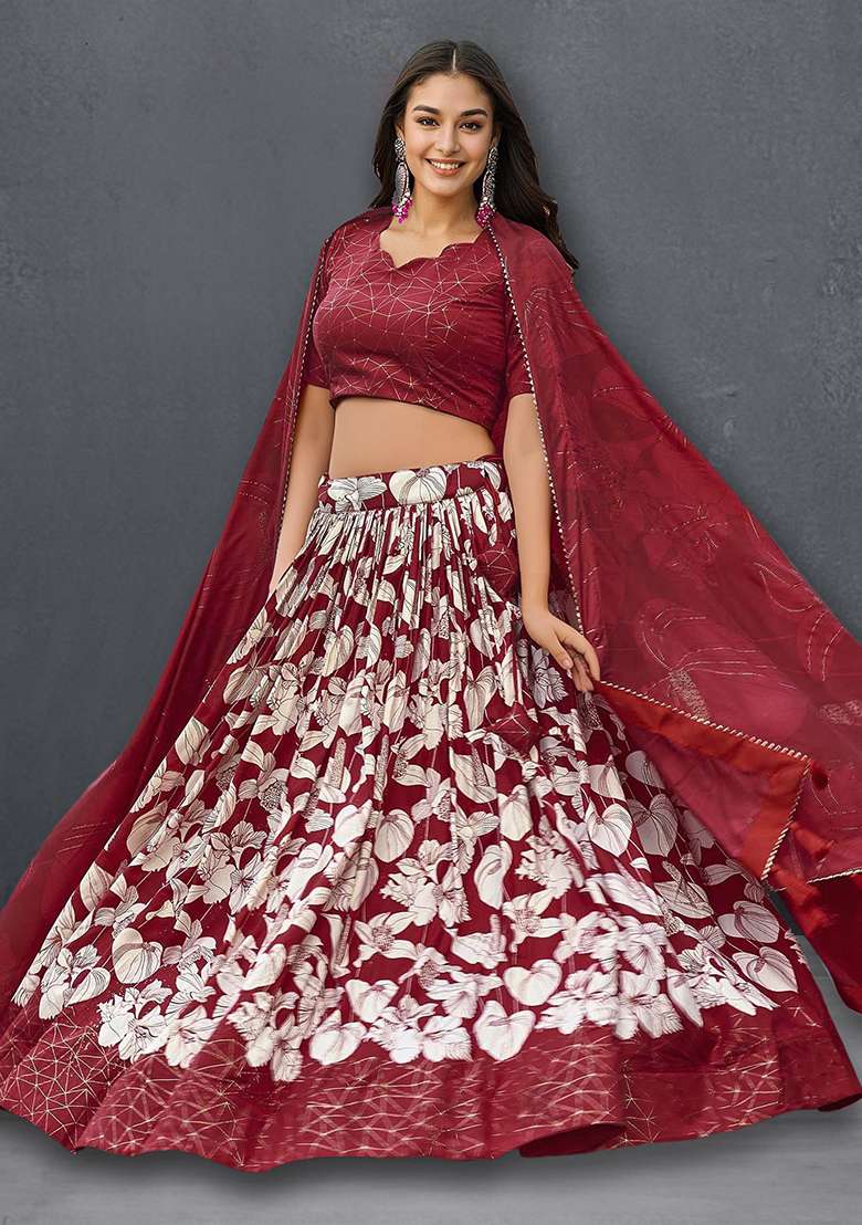 Red Floral Foil Print Tussar Silk Blend Lehenga Choli Set - Indya