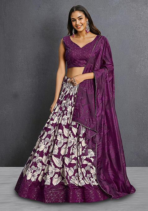 Wine Floral Foil Print Tussar Silk Lehenga Choli Set