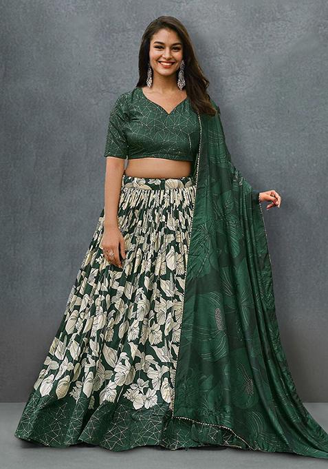 Green Floral Foil Print Tussar Silk Lehenga Choli Set