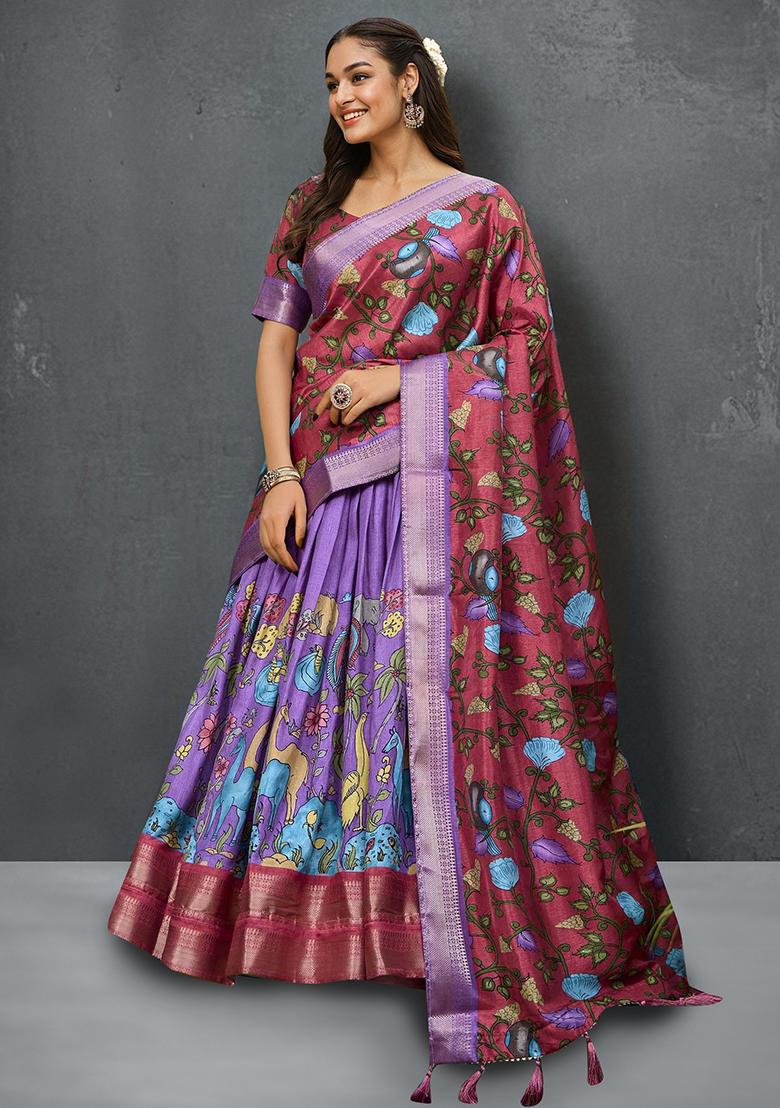Lavender Zari Weaving Kalamkari Print Lehenga Choli Set