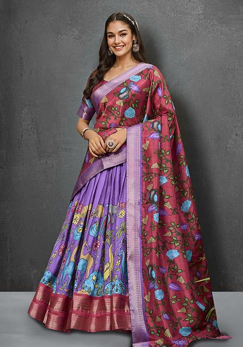 Lavender Zari Weaving Kalamkari Print Lehenga Choli Set