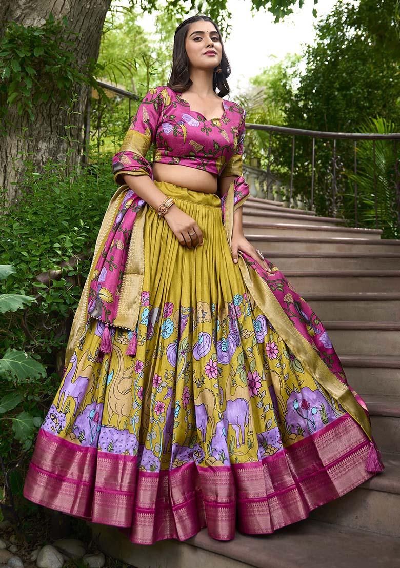 Mustard Zari Weaving Kalamkari Print Lehenga Choli Set