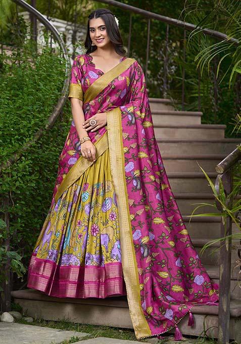 Mustard Zari Weaving Kalamkari Print Lehenga Choli Set