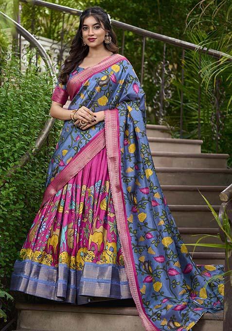 Pink Zari Weaving Kalamkari Print Lehenga Choli Set