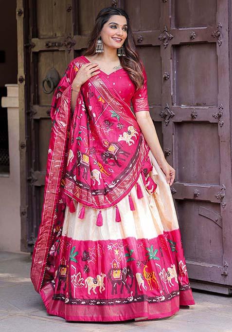 Pink Foil Print Dola Silk Lehenga Choli Set