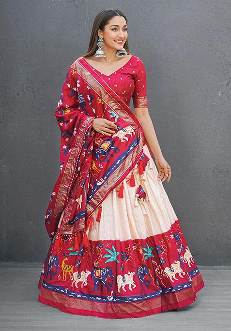 Maroon Foil Print Dola Silk Lehenga Choli Set