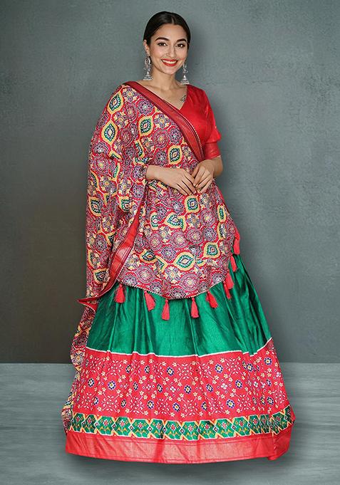 Green Foil Print Dola Silk Lehenga Choli Set