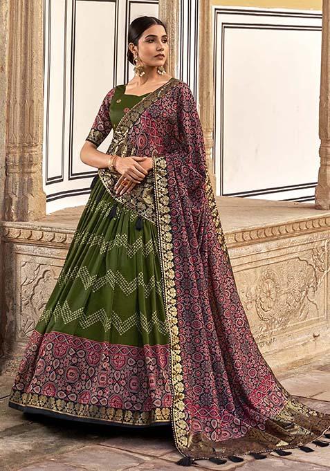 Mehendi Foil Dot Ajrakh Print Lehenga Choli Set