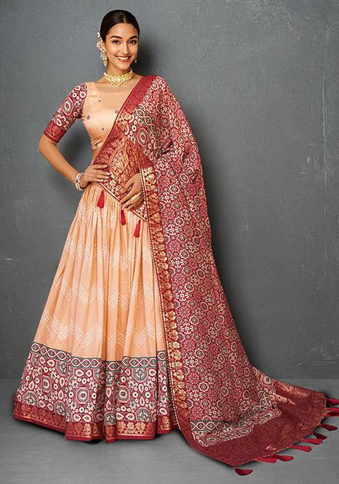 Off White Foil Dot Ajrakh Print Lehenga Choli Set