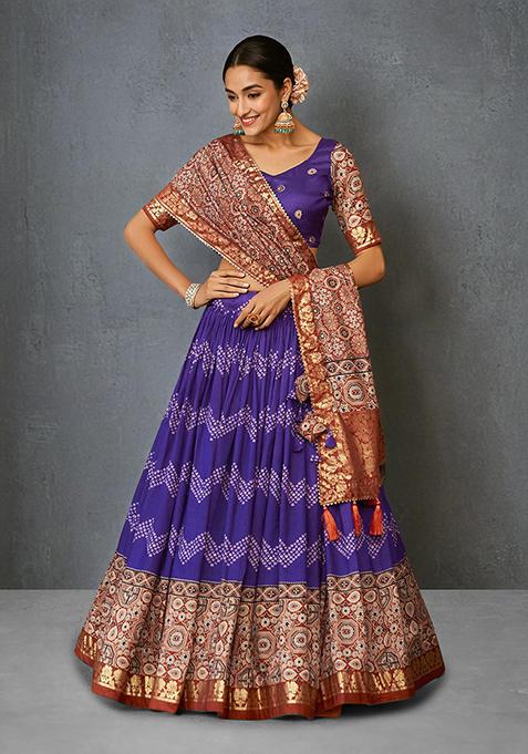 Purple Foil Dot Ajrakh Print Lehenga Choli Set