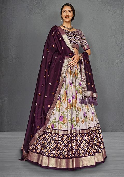 Wine Floral Patola Print Lehenga Choli Set