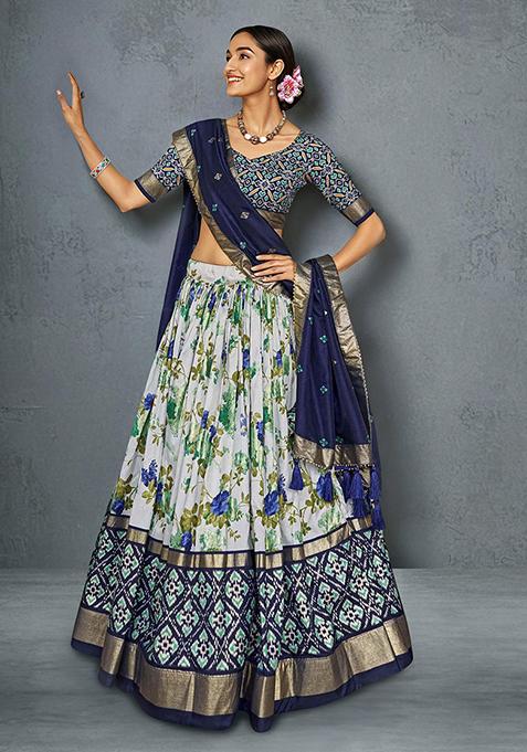 Navy Blue Floral Patola Print Lehenga Choli Set