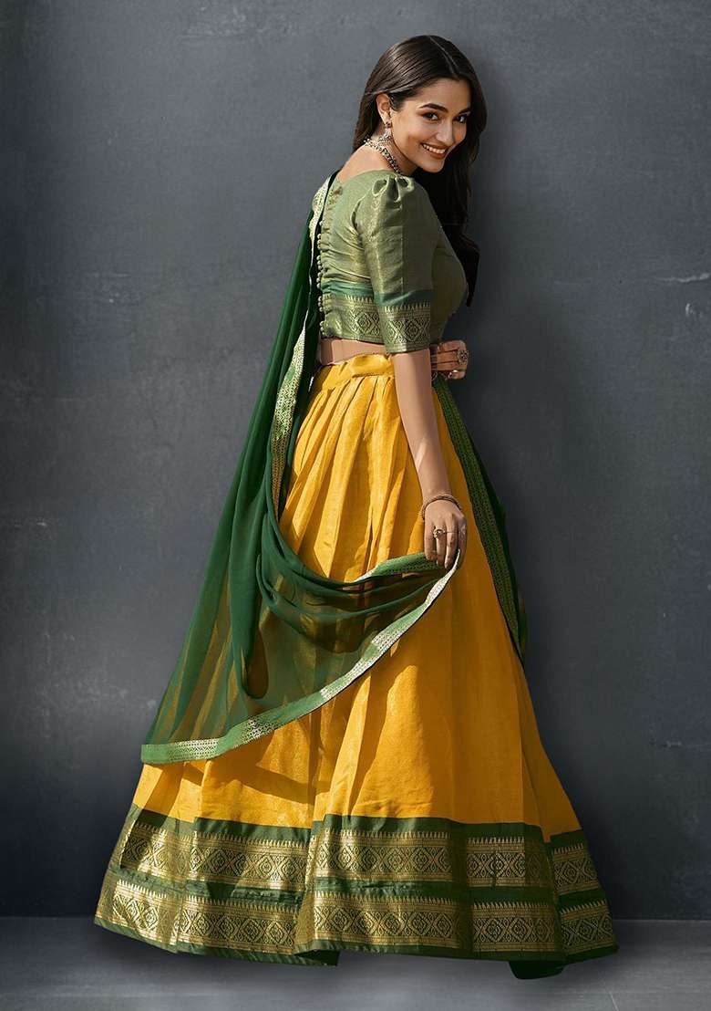 Yellow Kanchipuram Zari Weaving Work Silk Blend Lehenga Choli Set for Diwali | Wedding & Festive Wear - Indya
