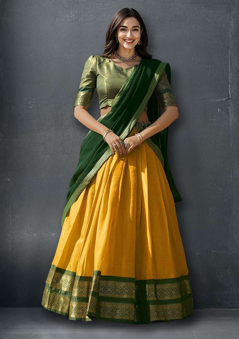 Yellow Kanchipuram Zari Weaving Work Silk Blend Lehenga Choli Set for Diwali | Wedding & Festive Wear - Indya