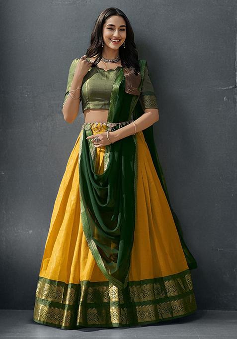 Yellow Kanchipuram Silk Zari Weaving Work Lehenga Choli Set