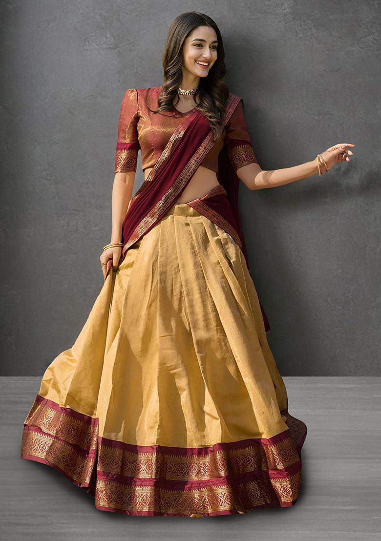 Cream Kanchipuram Silk Zari Weaving Work Lehenga Choli Set