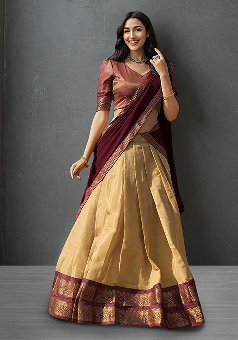 Cream Kanchipuram Silk Zari Weaving Work Lehenga Choli Set