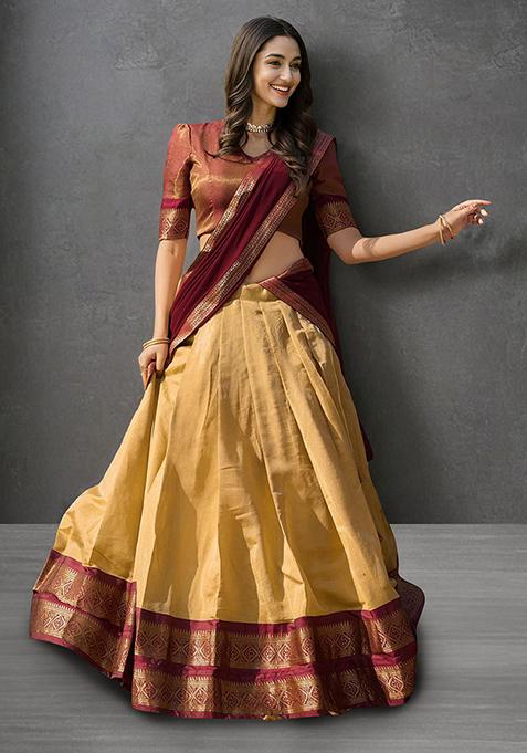Yellow Kanchipuram Silk Zari Weaving Work Traditional Lehenga Choli