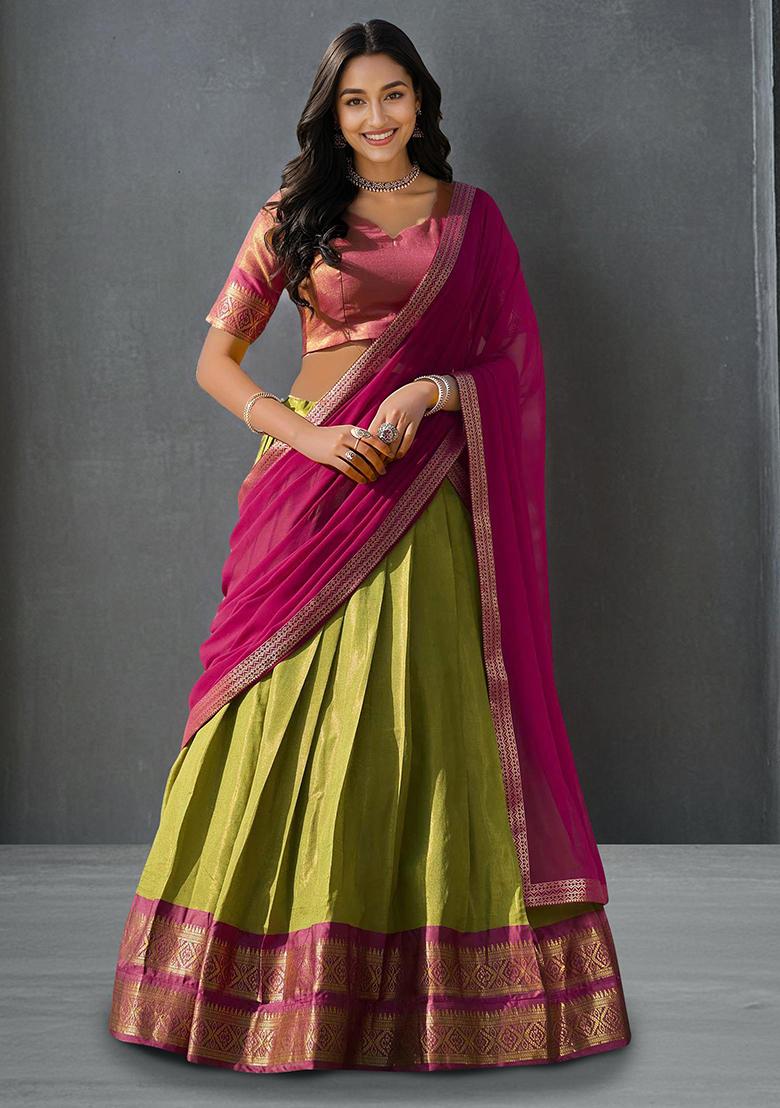Pista Green Kanchipuram Silk Zari Weaving Work Lehenga Choli Set - Indya