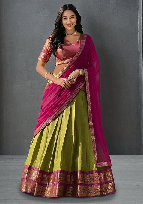 Pista Kanchipuram Silk Zari Weaving Work Lehenga Choli Set