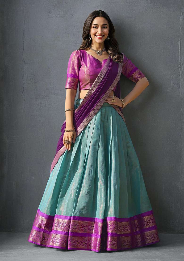 Sky Blue Kanchipuram Zari Weaving Work Silk Blend Lehenga Choli Set for Diwali | Wedding & Festive Wear - Indya