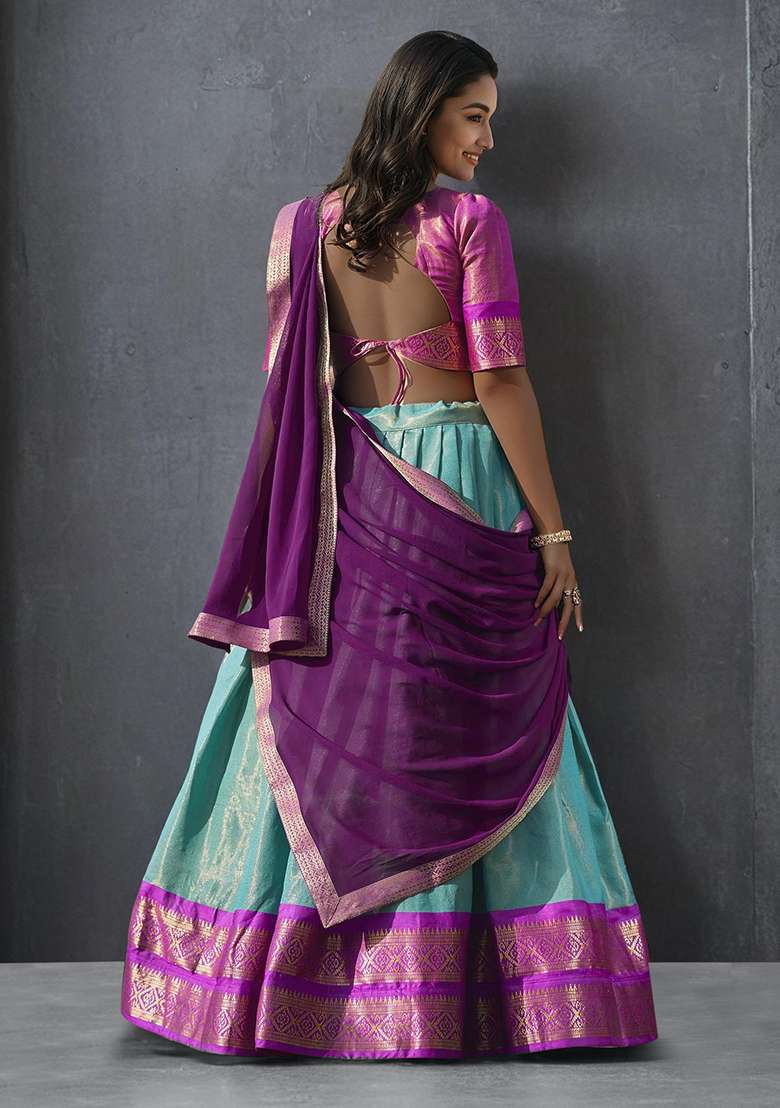 Sky Blue Kanchipuram Zari Weaving Work Silk Blend Lehenga Choli Set for Diwali | Wedding & Festive Wear - Indya