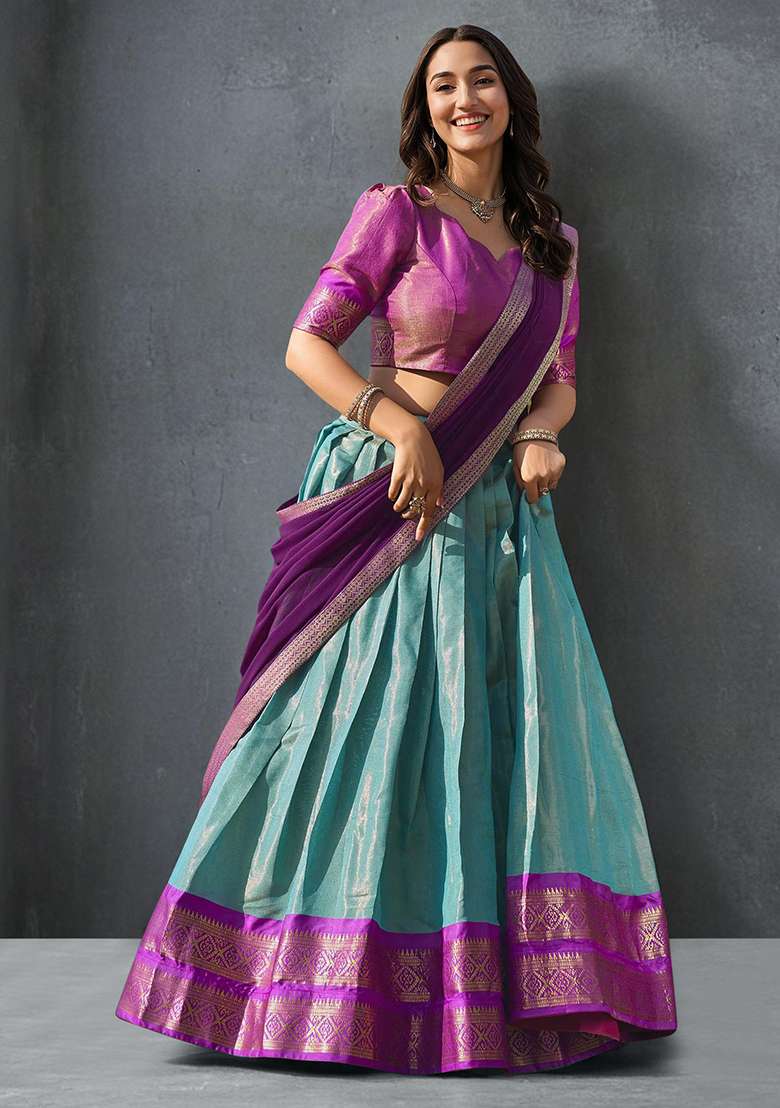 Sky Blue Kanchipuram Zari Weaving Work Silk Blend Lehenga Choli Set for Diwali | Wedding & Festive Wear - Indya