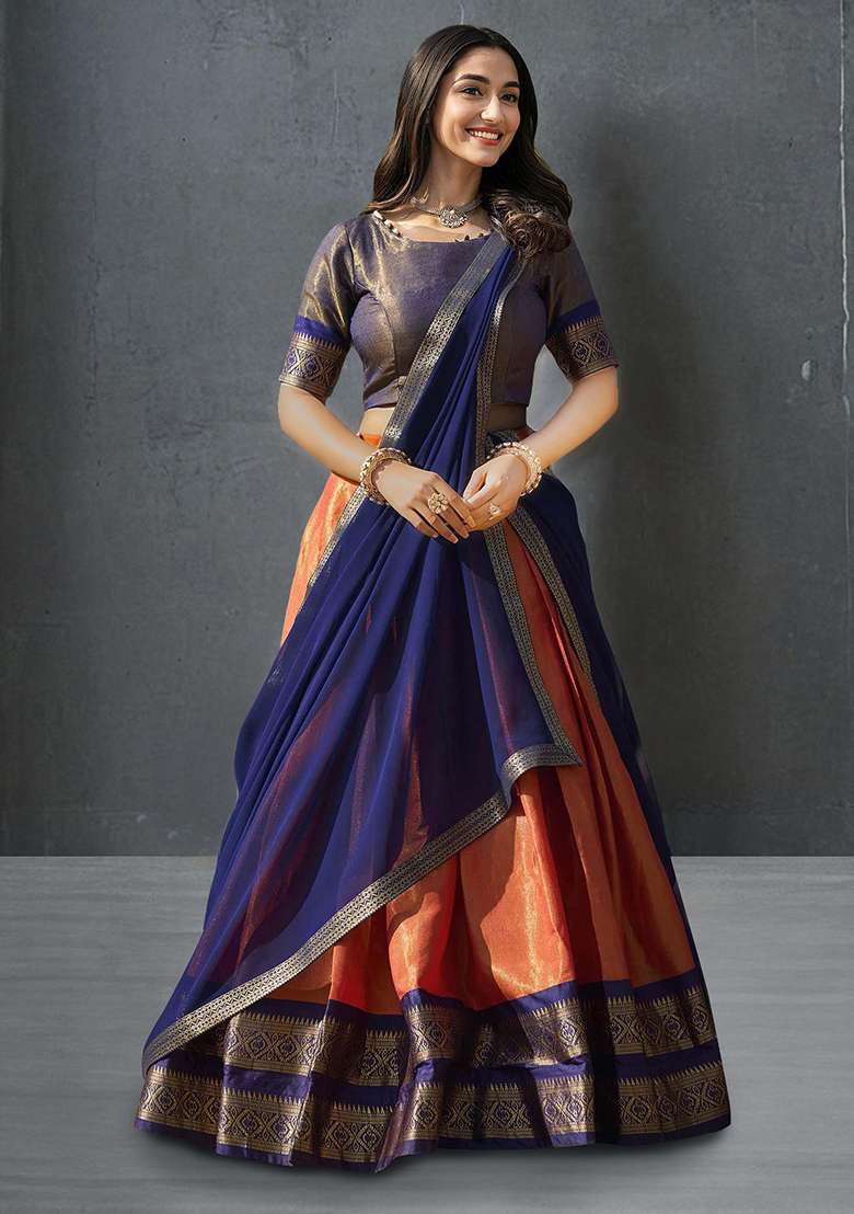 Orange Kanchipuram Silk Blend Zari Weaving Work Lehenga Choli Set for Diwali and Festive Wear - Indya