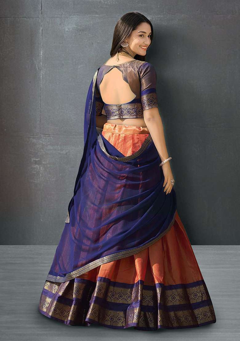 Orange Kanchipuram Silk Blend Zari Weaving Work Lehenga Choli Set for Diwali and Festive Wear - Indya