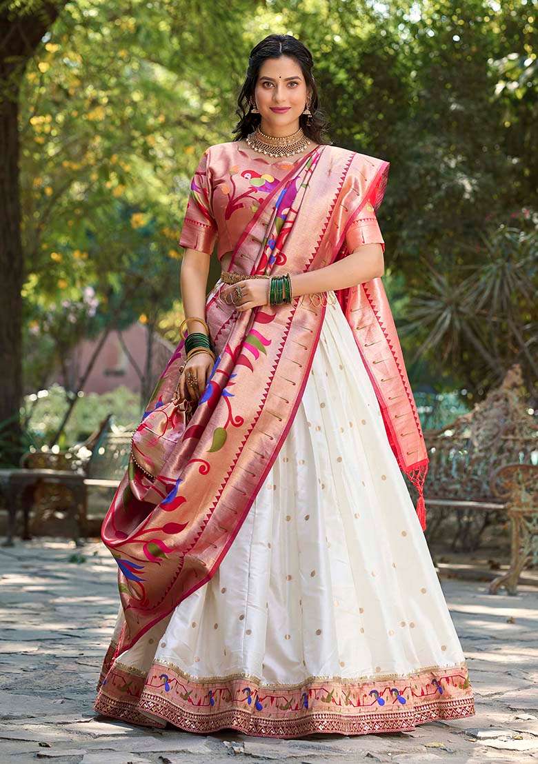 White Jacquard Silk Blend Weaving Work Lehenga Choli Set for Diwali and Festive Wear - Indya
