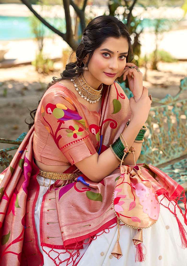 White Jacquard Silk Blend Weaving Work Lehenga Choli Set for Diwali and Festive Wear - Indya