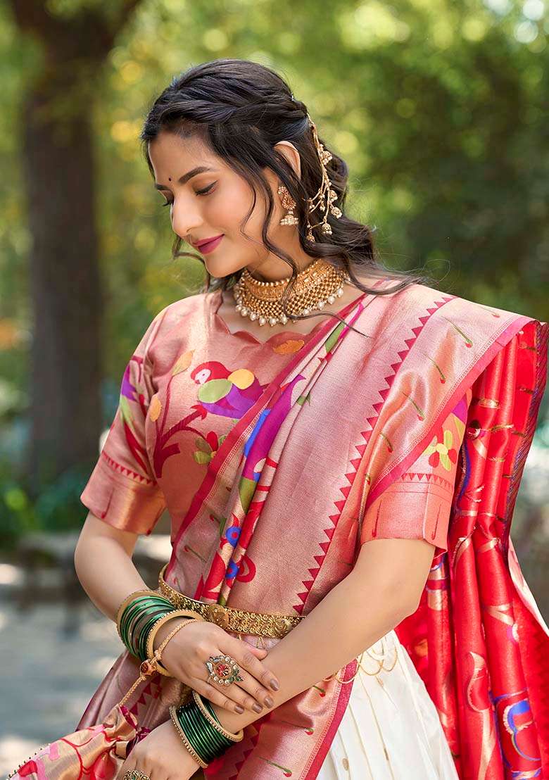 White Jacquard Silk Blend Weaving Work Lehenga Choli Set for Diwali and Festive Wear - Indya