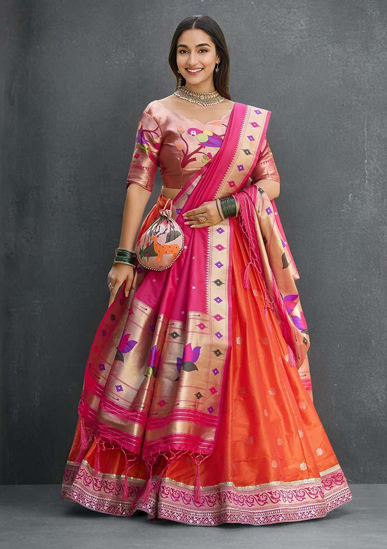 Orange Jacquard Silk Blend Weaving Work Lehenga Choli Set for Diwali and Festive Wear - Indya