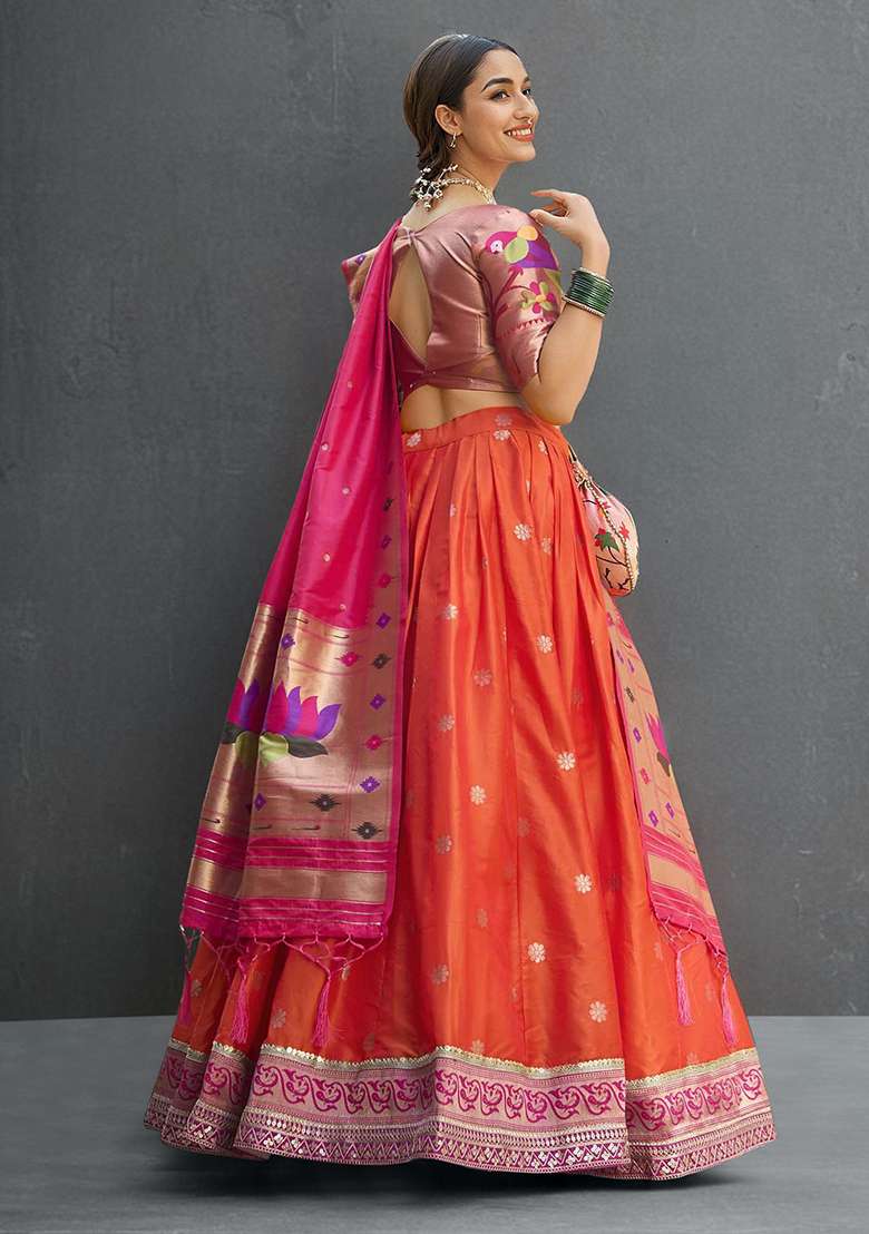 Orange Jacquard Silk Blend Weaving Work Lehenga Choli Set for Diwali and Festive Wear - Indya